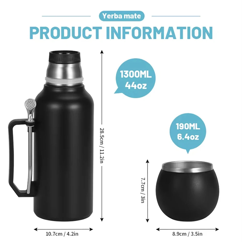 Set Termo Mate 3-en-1 | Botella Aislante 1.3L + Taza + Bombilla – Acero Inoxidable