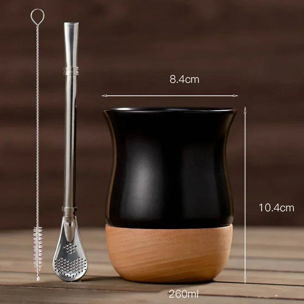 Mate Cerámica con Base de Madera 260ml | Bombilla de Acero Inoxidable Incluida – 4 Colores