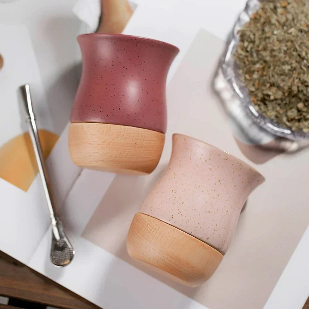 Mate Cerámica con Base de Madera 260ml | Bombilla de Acero Inoxidable Incluida – 4 Colores
