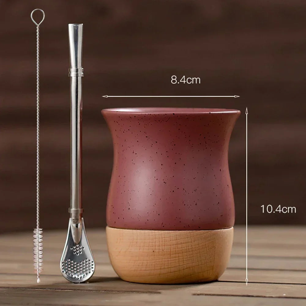 Mate Cerámica con Base de Madera 260ml | Bombilla de Acero Inoxidable Incluida – 4 Colores