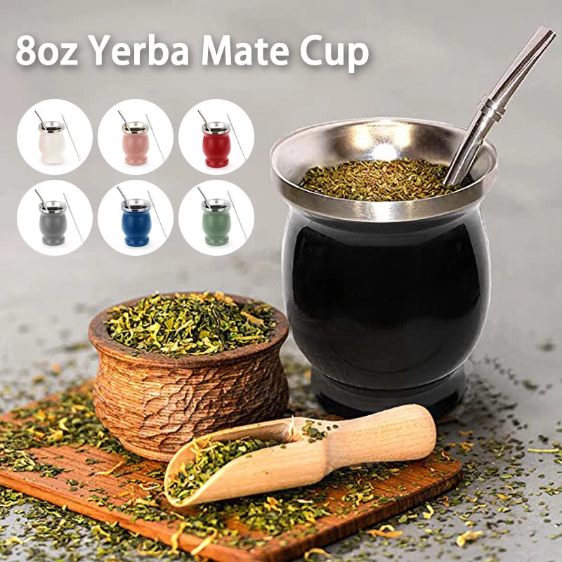 8oz Yerba Mate Cup Double Wall Stainless Steel Portable Tea Mug Argentine Yerba Mate Gourd with Spoon Bombillas Cleaning Brush