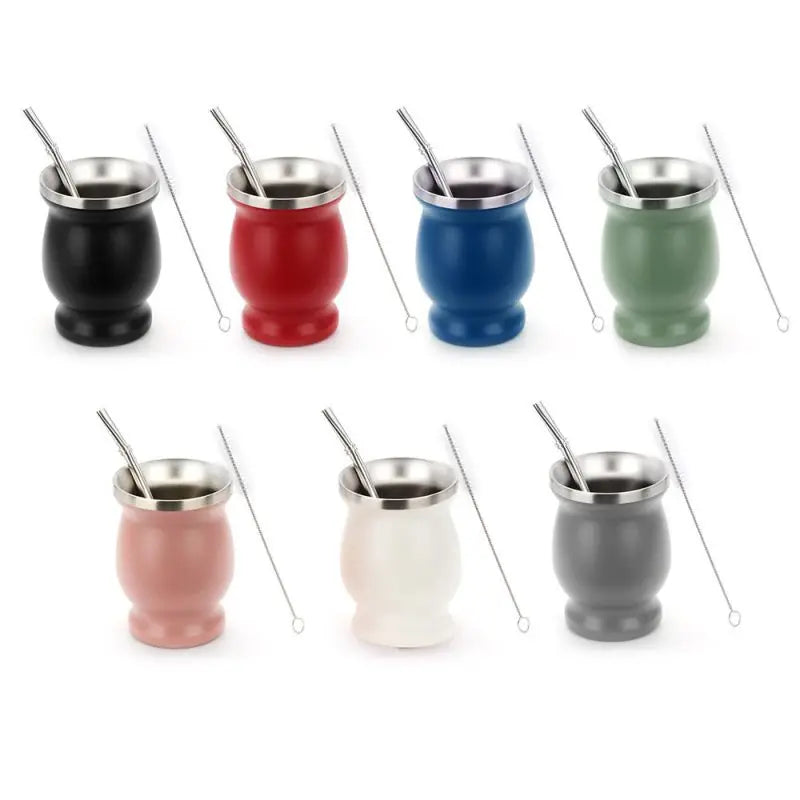 8oz Yerba Mate Cup Double Wall Stainless Steel Portable Tea Mug Argentine Yerba Mate Gourd with Spoon Bombillas Cleaning Brush