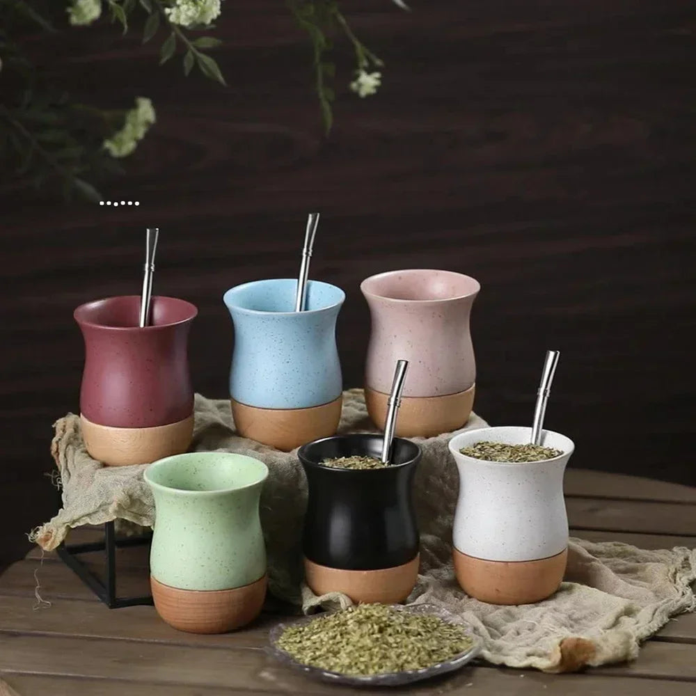 Mate Cerámica con Base de Madera 260ml | Bombilla de Acero Inoxidable Incluida – 4 Colores