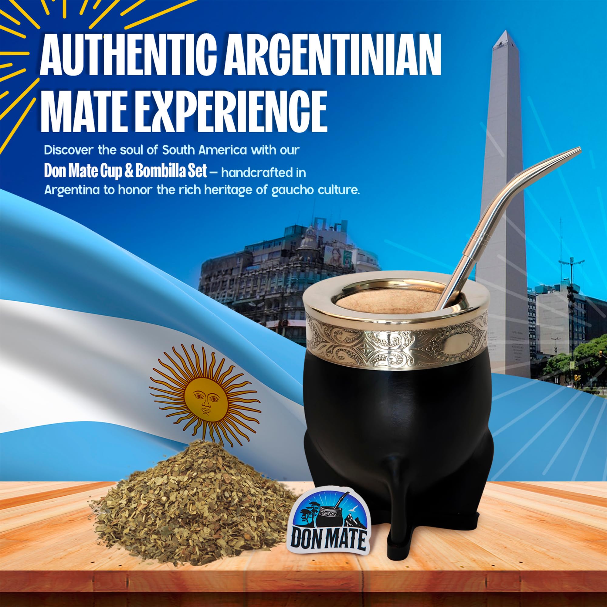 DON MATE - Taza para Mate Argentino + Bombilla Mate de Acero Inoxidable | Juego de Tazas Tradicional | Ideal para Yerba y Taza Mate Artesanal
