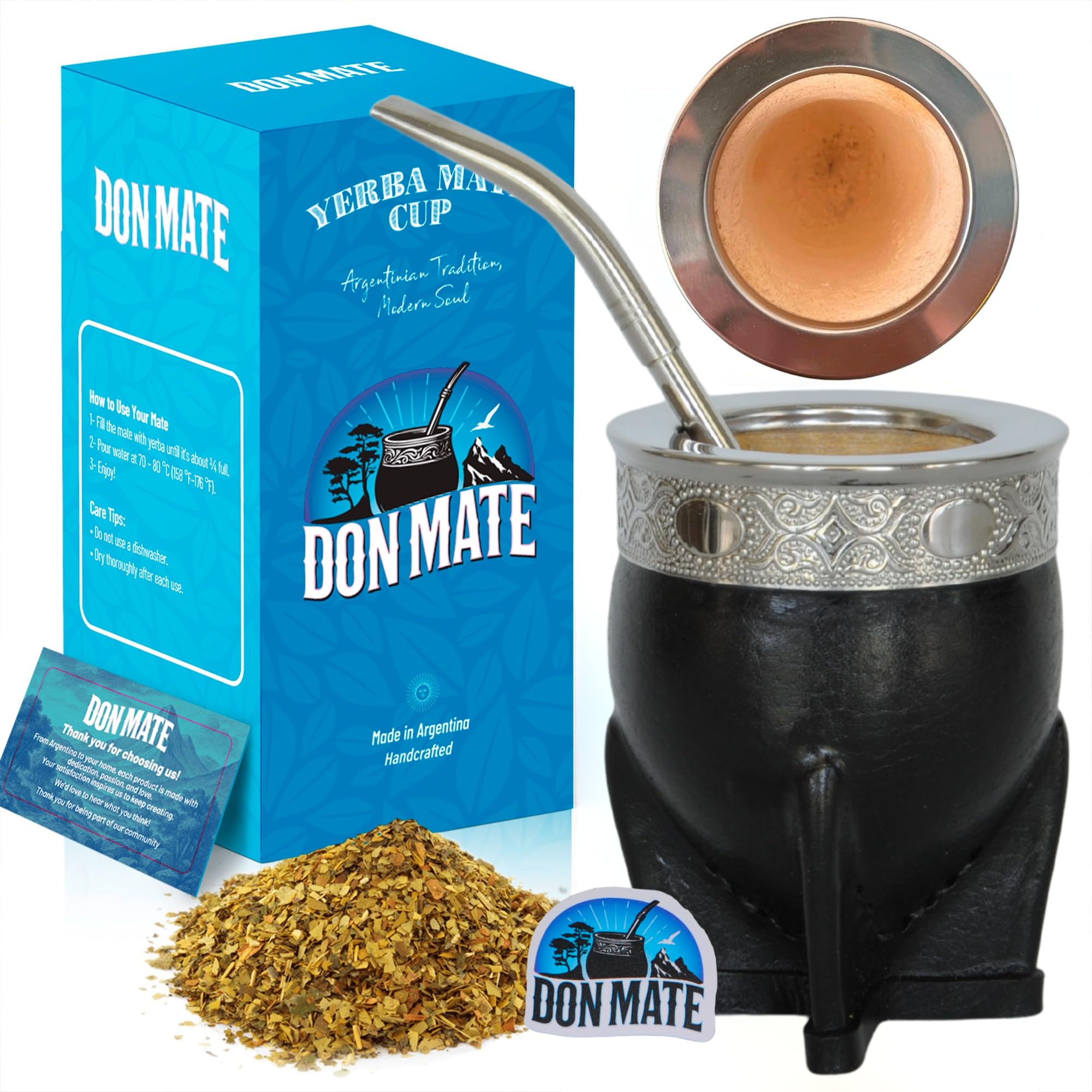 DON MATE - Taza para Mate Argentino + Bombilla Mate de Acero Inoxidable | Juego de Tazas Tradicional | Ideal para Yerba y Taza Mate Artesanal