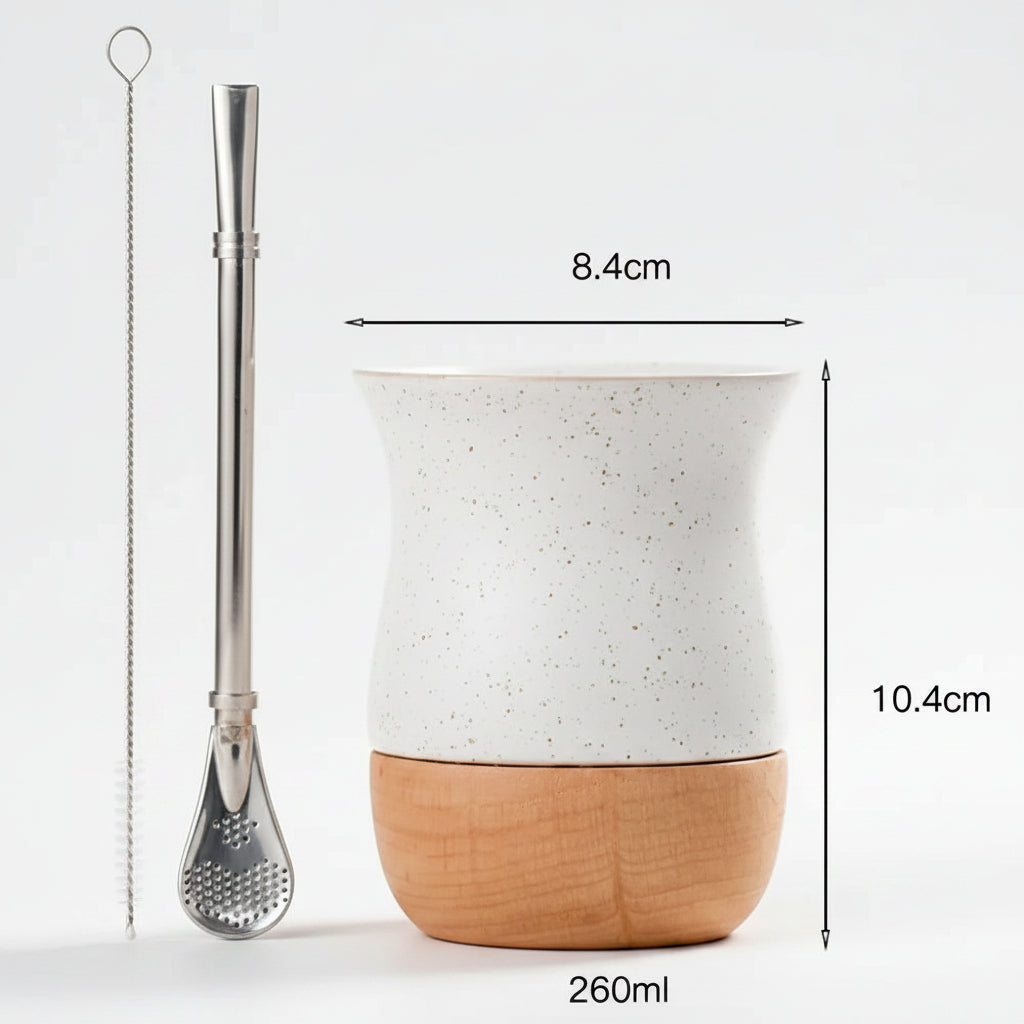 Mate Cerámica con Base de Madera 260ml | Bombilla de Acero Inoxidable Incluida – 4 Colores