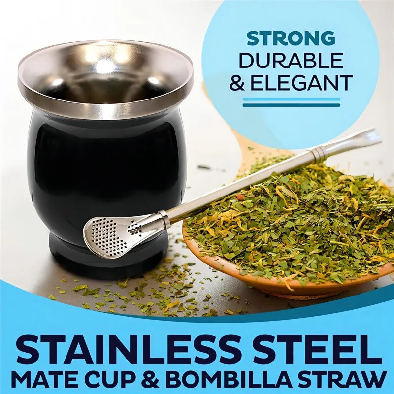 8oz Yerba Mate Cup Double Wall Stainless Steel Portable Tea Mug Argentine Yerba Mate Gourd with Spoon Bombillas Cleaning Brush