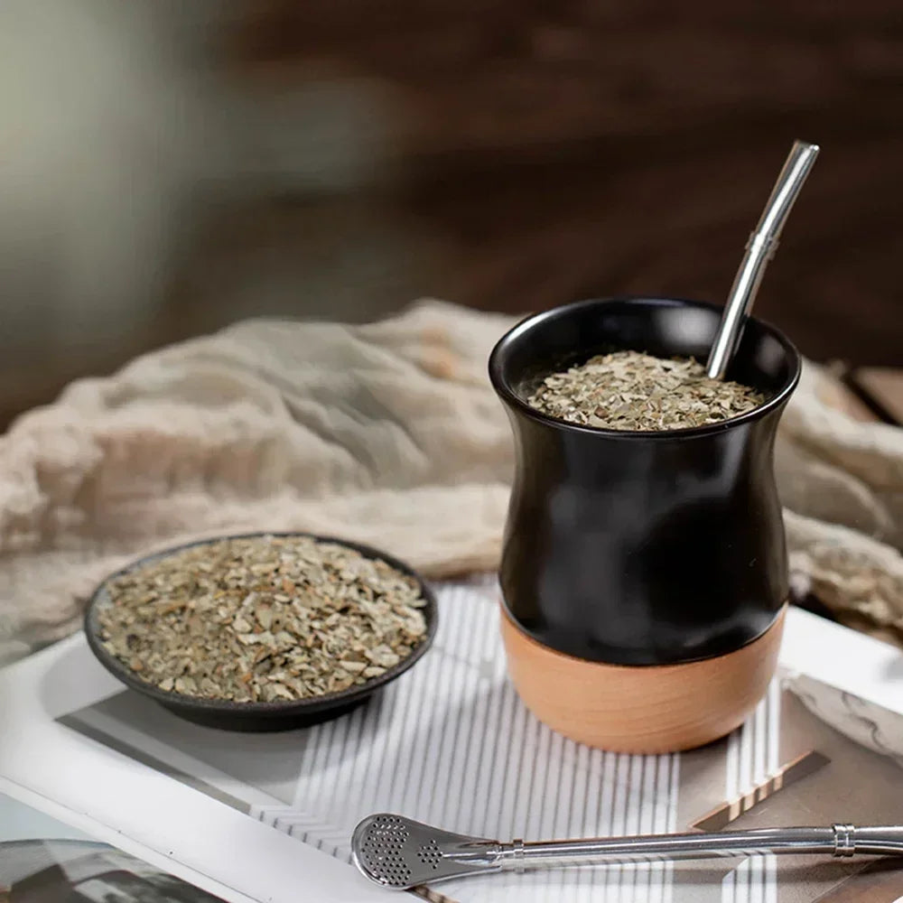 Mate Cerámica con Base de Madera 260ml | Bombilla de Acero Inoxidable Incluida – 4 Colores