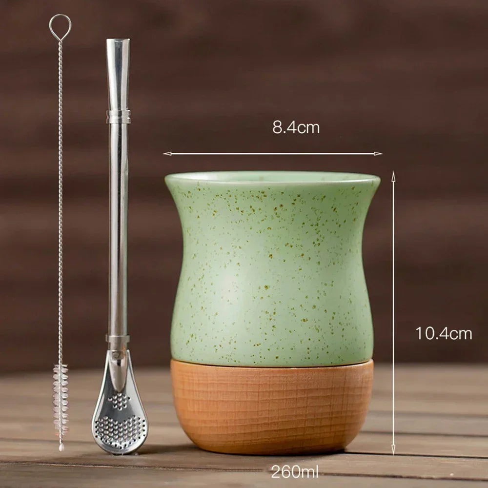 Mate Cerámica con Base de Madera 260ml | Bombilla de Acero Inoxidable Incluida – 4 Colores