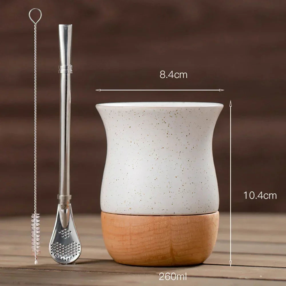 Mate Cerámica con Base de Madera 260ml | Bombilla de Acero Inoxidable Incluida – 4 Colores