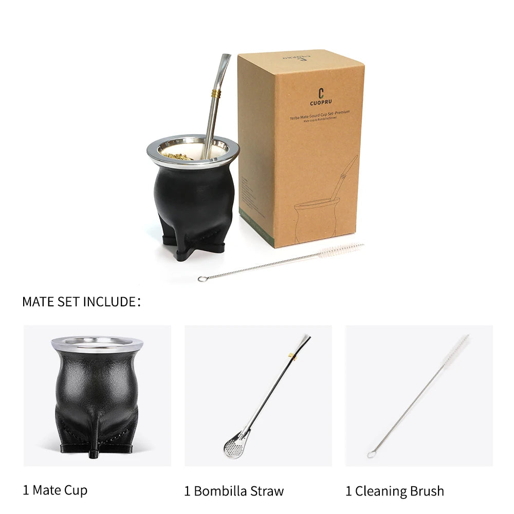Mate con Interior de Cerámica | Taza Calabaza Argentina 200-400ml + Bombilla + Cepillo – 2 Colores
